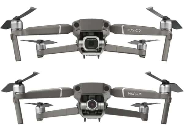 Mavic 2 — две модели серебристого дрона с камерными модулями разного размера спереди.