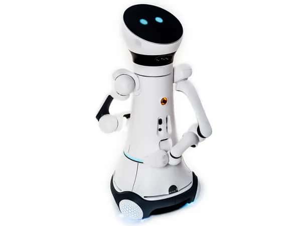 Care-O-bot 4 — робот с круглой чёрной головой, двумя светящимися синими глазами и двумя белыми руками на колёсной базе.