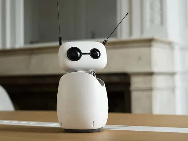 Reachy Mini — белый настольный робот с яйцеобразным корпусом и прямоугольной головой: два глаза-камеры разного размера и две антенны.