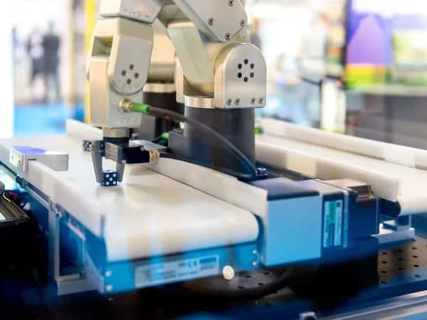 Meca500  — роботизированная рука стоит на рабочем столе и согнута, чтобы захватить небольшой кубик двумя пальцами.