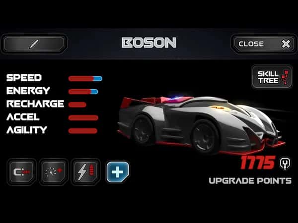 Anki Drive — скриншот автомобиля Boson со статистикой: скорость, энергия, подзарядка, ускорение и манёвренность.