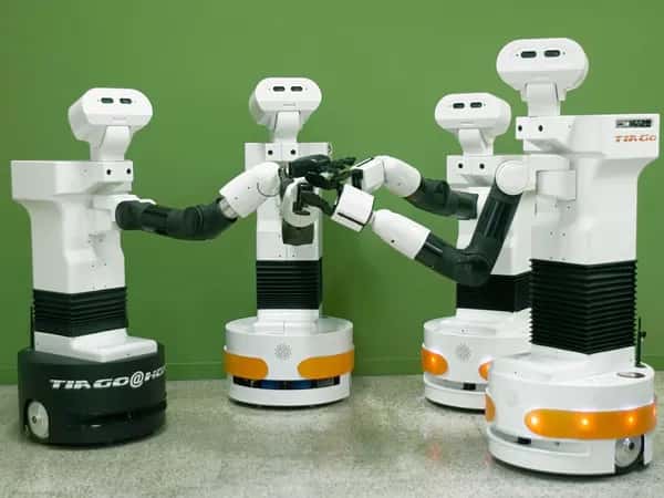 TIAGo — четыре мобильных робота, каждый на колёсной базе, с туловищем на гармошке-подъёмнике, белым лицом с двумя камерами-глазами и одной промышленной рукой с пятипалой кистью. Роботы соприкасаются руками и смотрят в камеру.