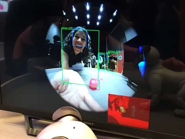 Aibo — вид с камеры: женщина улыбается и протягивает ладонь.