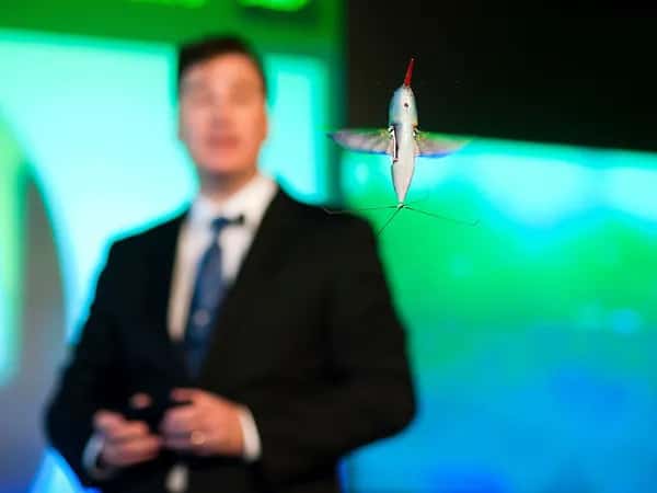 Nano Hummingbird — робот летит в воздухе перед мужчиной, размытым на заднем плане.
