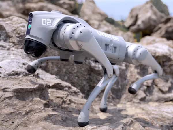 Unitree Go2 — серебристый четвероногий робот Go2 от Unitree Robotics карабкается по каменистой поверхности. На голове видны камеры и датчики.
