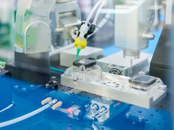 Meca500  — на конце руки робота закреплён небольшой жёлто-зелёный инструмент, которым он выполняет точную работу с чёрным объектом на подносе.