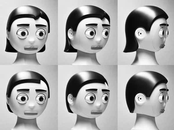 Шесть чёрно-белых изображений Flobi с разными причёсками и элементами лица.