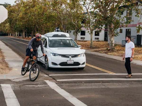 Waymo — белый автомобиль с небольшим чёрным куполом на крыше на городской дороге: слева велосипедист, впереди на пешеходном переходе — прохожий.