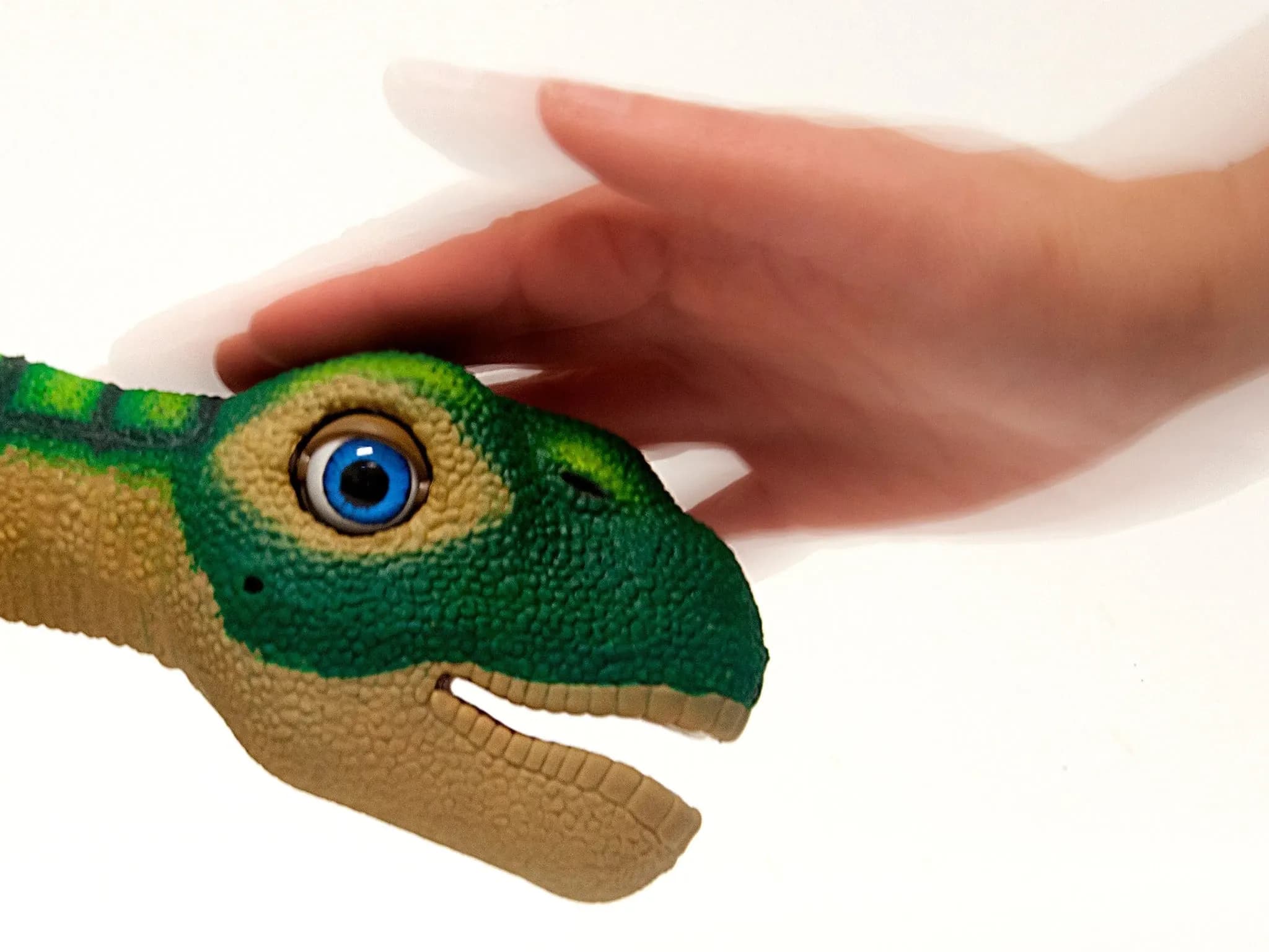 Рука гладит Pleo по голове.
