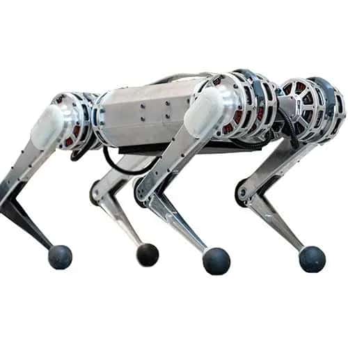 Mini Cheetah — серебристый четырёхногий робот на белом фоне.