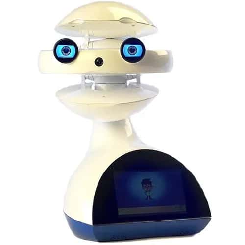 EMYS — бежевая роботизированная голова из трёх сферических сегментов с выразительными глазами на подставке с дисплеем.